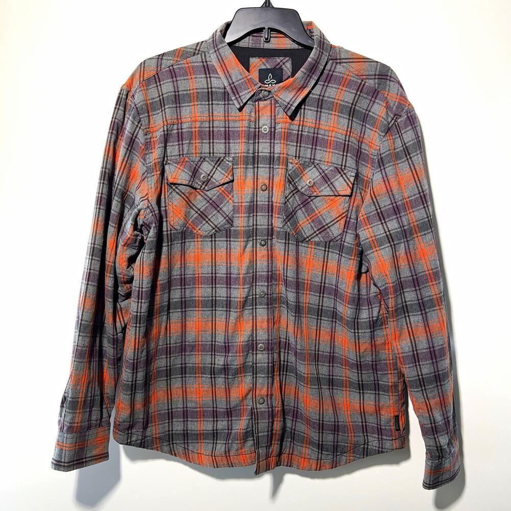 prAna Men's XL Plaid Flannel Button-Up Shirt Gray Orange Purple Pockets thermal